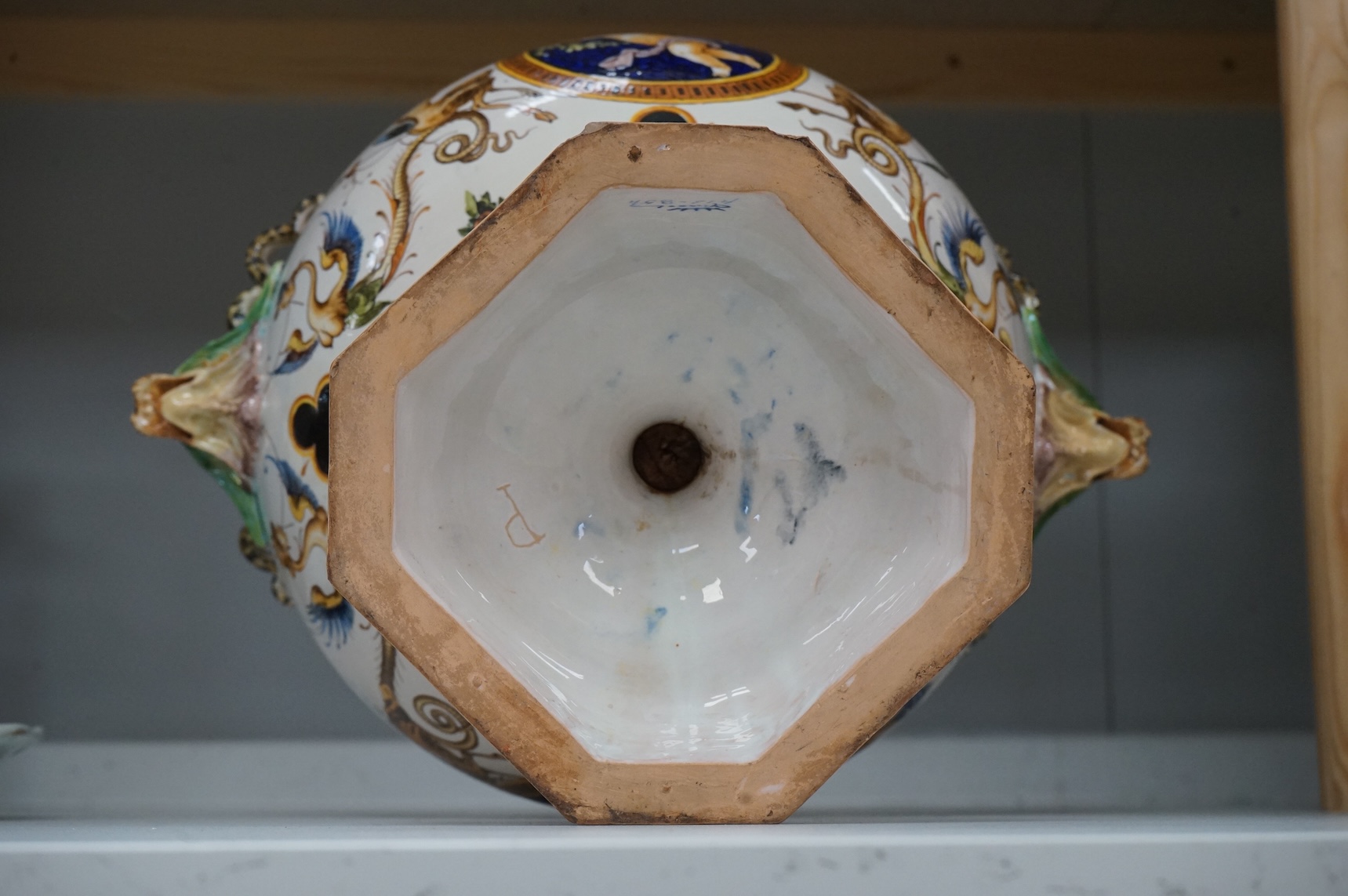 A large Ginori maiolica two handled pedestal vase, 34cm from base to top of handles